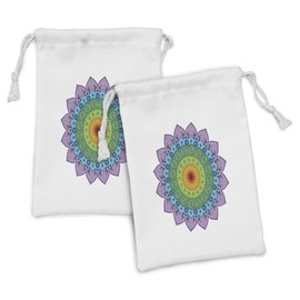 Ambesonne Rainbow Mandala Fabric Pouch Set of 2, Ornate Round Eastern Motif with Daisies and Foliage Leaves Oriental Culture, Small Drawstring Bag for Toiletries Masks and Favors, 9" x 6", Multicolor