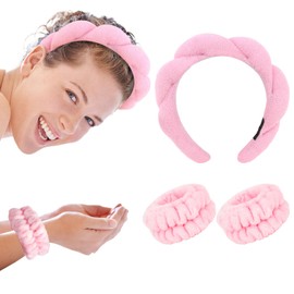 CURASA Skincare Headband and Wristband Set Pink Spa Headband for Washing Face Make Up Headbands for Women Girls Puffy Headband and Wristband Set for Face Washing Terry Cloth Facial Hair Accrssories