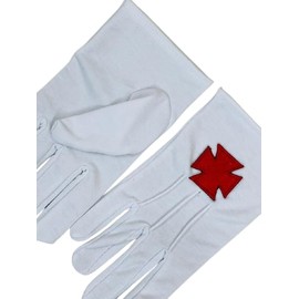 Masonic Knight Templar Red Nordic Cross White Cotton Embroidered Glove, Full Finger