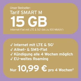 Tchibo MOBIL Smart M SIM-Karte | 15 GB Datenvolumen + Allnet- & SMS-Flat | Surfen mit LTE/5G | Nur 10,99 € alle 4 Wochen | Ohne Lange Vertragsbindung | EU-weites Roaming
