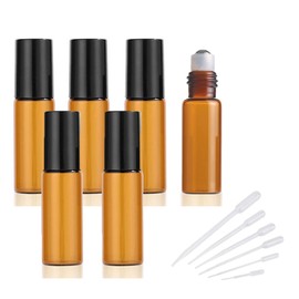 GQunit Ätherische Öle Roll-On Glasflaschen Set, 6 x 5ml Braunglas mit 6 Pipetten, Nachfüllbar für Aromatherapie