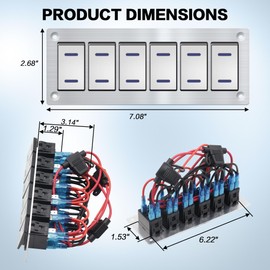 IZTOSS 6 Gang Aluminum Marine Rocker Switch Panel - Pre-Wired with 5 Pin On-Off Blue LED Car Switches，12V/24V Switch Panel Waterproof for Marine Cars, Trucks, RVS, UTV (Silver)
