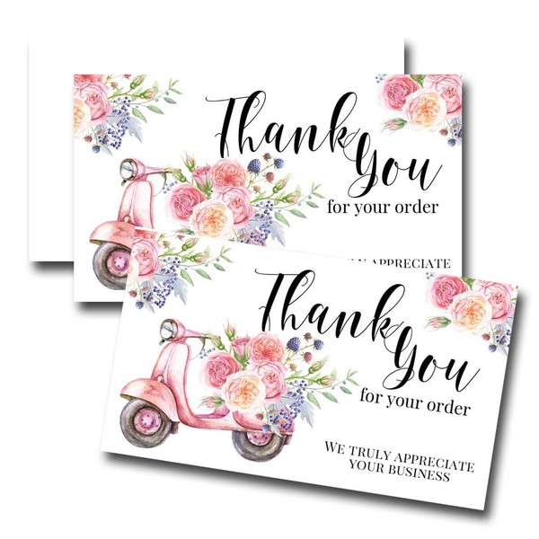 Fun Floral With Pink Moped Thank You Customer Appreciation Package Inserts for Small Businesses, 100 2" X 3.5” Single Sided Insert Cards by AmandaCreation
