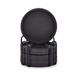 Indus Lifespace Wooden Coasters for Drinks Coffee Table, Round Drink Coasters with Holder for Tabletop Protection, Set of 4 (10.16cm x 10.16cmx 1.27cm) (Black)