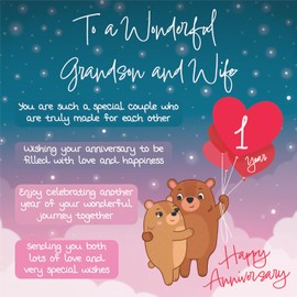 Hunts England - Grandson And Wife 1st Anniversary Card - Starry Night - Cute Bears - Verse 1st Anniversary Card For Grandson And Wife - Cute Poem Anniversary Card