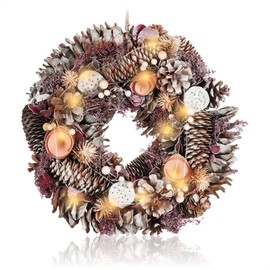 com-four® LED door wreath Christmas - Advent wreath with LED lighting, pine cones and pink flowers - Christmas decoration - Christmas wreath - 12 warm white LEDs