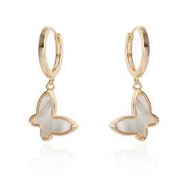 Butterfly Dangle Earrings 925 Sterling Silver Mother of Pearl Butterfly Huggie Hoop Earrings for Women, Rose Gold Plated