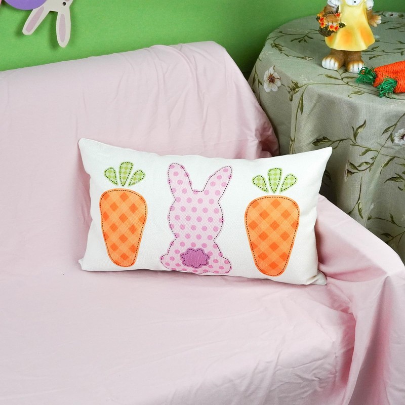 ONWAY Easter Bunny Carrot Pillow Cover 12x20 Inch Pink Rabbits