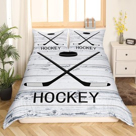 Boys Ice Hockey Duvet Cover 3Pcs, Winter Sports Games Bedding Set Queen For Kids Teens Men, Rustic Farmhouse Comforter Cover Country Wooden Barn Door Bedspread Cover, Ice Hockey Gifts For Women