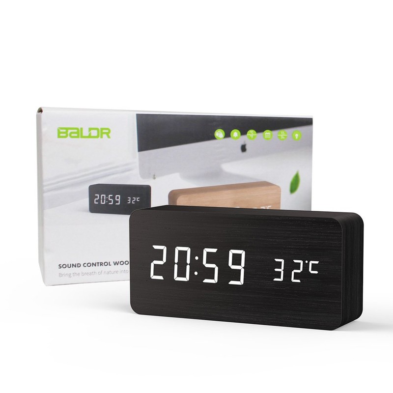 BALDR Wooden Digital Alarm Clock, Displays Time and Temperature, Voice