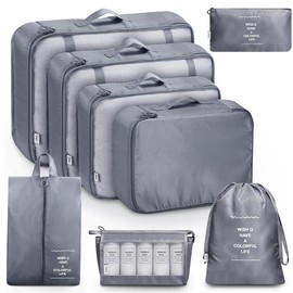 Mossio 8 Set Packing Cubes with Shoe Bag - Travel Luggage Organizer for Suitcase Clothes Storage Bag - Color: Grey