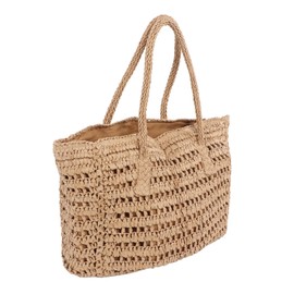 Straw Beach Bag, Vintage Straw Handbag Hollowed Woven Inner Pocket with Zipper for Holiday, brown