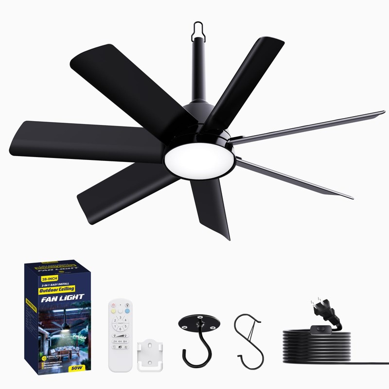LANMEL 28 Inch Plug-In Outdoor Ceiling Fan with Light and