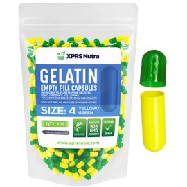 XPRS Nutra Size 4 Empty Capsules - 100 Count Small Empty Gelatin Capsules - Empty Pill Capsules - DIY Capsule Filling - Bovine Pill Capsules Empty Gel Caps (Green/Yellow)