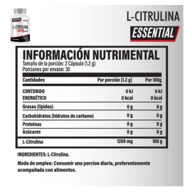 L-citrulina 1200mg Testrol Essential 60 Cápsulas sin sabor