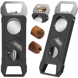 KEJIAR Cigar Cutter, 3-in-1 Cigar Cutter with Stainless Steel Blade V-Cutter, Guillotine and Bottle Opener for Parties Portable Boys Cigar Accessory - 2 Piece Set (Black)