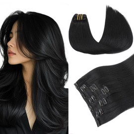 Pinkpearl Clip in Hair Extensions Real Human Hair #1 Jet Black Human Hair Extensions Clip ins 14 inches Extensions Human Hair Clip 120g 7pcs Straight Thick Natural Human Hair(#1,14)
