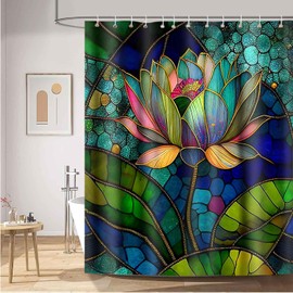 TPMDFC Stained Glass Shower Curtain, Colorful Vintage Glass Lotus Flowers Bathroom Shower Curtains Decor Set with 10 Hooks 60x72inch YLDWTP0456