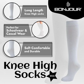 Bonjour Childrens Back to School 6 Pairs Knee High Plain School Cotton Rich Socks (White, 10-13 yrs)