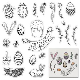 Easter Eggs Rabbit Clear Stamps for Card Making and Paper Craft, Flower Branch Bunny Bow Easter Words Clear Rubber Stamps for Card Making Decoration and DIY Scrapbooking