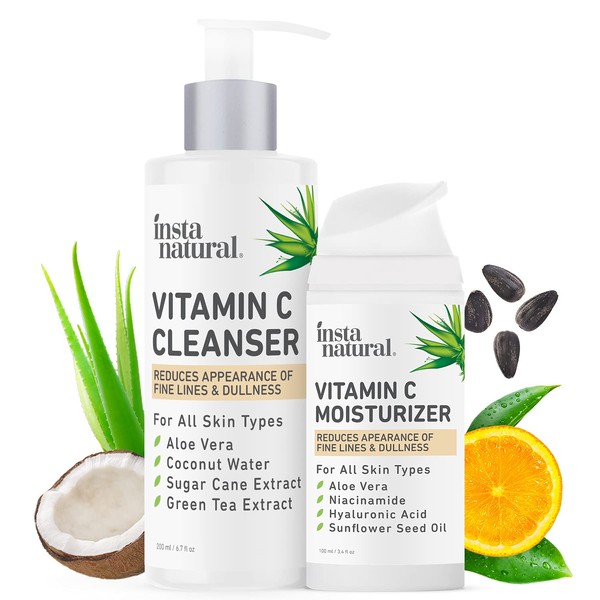 Vitamin C Facial Cleanser & Vitamin C Face Moisturizer - Anti Aging Face Wash and Face Lotion Brightening & Blemish Reducing Shrink Pores, Prevent Wrinkles & Hydrate Skin With Natural Ingredients