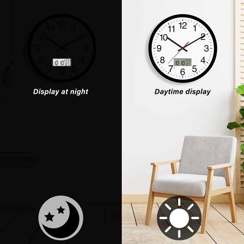 Koosome Digital Wall Clock with Lighted LCD Display Temp, Week,