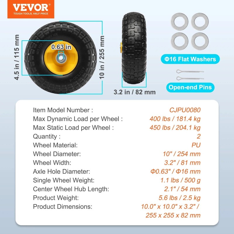 Vevor 10" Flat Free Tire Wheel 2 Pack Solid PU