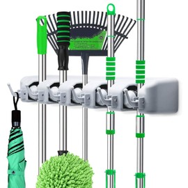 LETMY Broom Holder Wall Mounted - Mop and Broom Hanger Holder - Garage Storage Rack & Garden Tool Organizer - 5 Position 6 Hooks for Home, kitchen, Garden, Tools, Garage Organizing