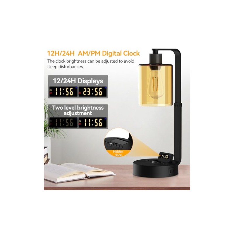 Aialun Industrial Table Lamp,Dimmable Bedside Lamps Nightstand for Bedroom USB