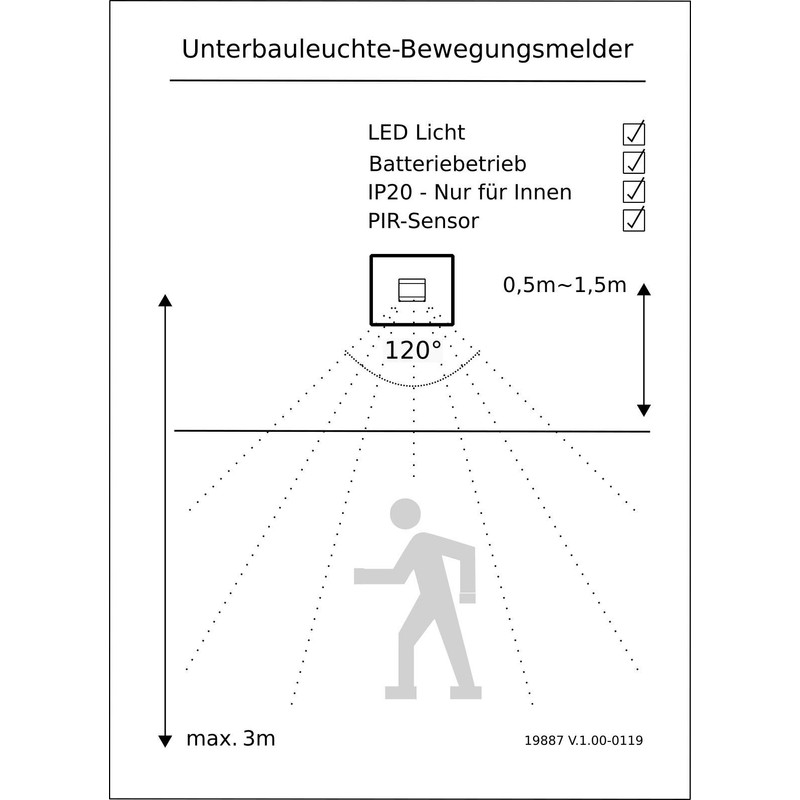 LED-Lichtleiste mit PIR Bewegungsmelder, warmweiß
