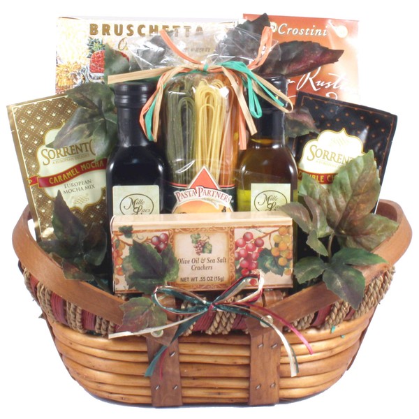 The Vineyard - Gourmet Italian Gift Basket with Montebello Pasta, Italian Seasonings in Classic Wooden Tray, 8 Pounds