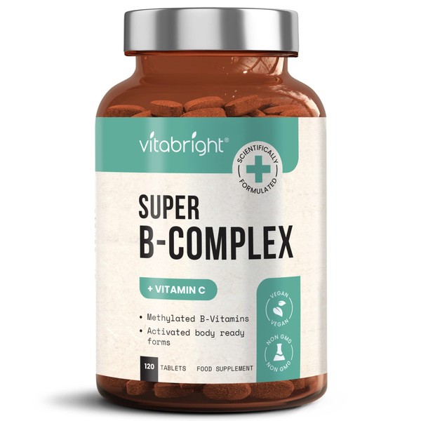 Vitamin B Complex Supplement - 11 B Vitamins (B1, B2, B3, B4, B5, B6, B7, B8, B9, B10, B12) - Plus VIT C - 120 Tablets - High Strength Advanced Formula for Easy Absorption - Made in UK by VitaBright