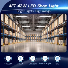 hykolity 6 Pack 4FT Linkable LED Shop Light, Utility Shop Light Fixture, 4400lm, 42W [250W Equivalent], 5000K Daylight Shop Lights for Garage, Hanging or Surface Mount, with Power Cord, ETL,White