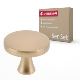 Gedotec Furniture Knobs, Metal D: 33.5 mm, Pack of 5, Door Knobs for Cabinets, Matt Gold Including Mounting Material, Ellie, Knobs for Kitchen Cupboards, Modern Style, Drawer Knob, Cabinet Knob