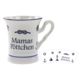 Generisch Maritimer Kaffeebecher Mamas Pöttchen, Porzellan, 4,5 cm Durchmesser, 5 cm Höhe, Weiß-Blau mit Nautischen Motiven