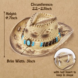 Urradia Cowboy Hat, Cowgirl Hat, Straw Cowboy Hats for Men/Women Brown & Beige Western Woven Wide Brim Womens Mens Summer Beach Hats with Strap 3 Hat Bands Lightweight Packable Shapeable