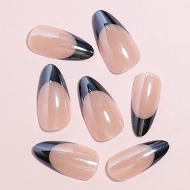 Black French Tip Press on Nails Medium Almond Fake Nails Chrome Acrylic Nails Golssy Nature False Nails Press ons Full Cover Glue on Nails Stick on Nails for Women Girls 24Pcs