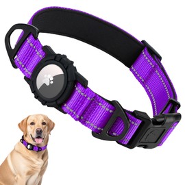 Taglory Reflective AirTag Dog Collar with Waterproof Airtag Holder, Dual D-Rings, Quick Release Buckle, Adjustable Soft Padded for Large Dogs Night Walking, Outdoor Tracking, Purple, L