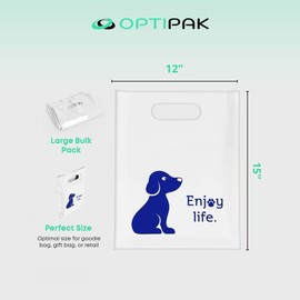 OPTIPAK Plastic Bags with Handles – 12x15 Merchandise Bags for Small Business, Die-Cut Retail Boutique & Shopping Bag, Goodie Bag & Trade Show Supplies – Enjoy Life (Pack of 100)