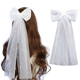 AWOCAN Bridal Hair Bow Pearl Veil Hair Hair Clip Bachelorette Party Veil Elegant Tulle Layer Hair Clip for Women (white)
