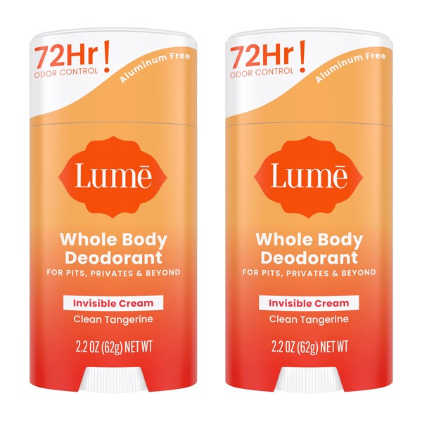 Lume Whole Body Deodorant - Invisible Cream Stick - 72 Hour Odor Control - Aluminum Free, Baking Soda Free, Skin Safe - 2.2 Ounce (Pack of 2) (Clean Tangerine)