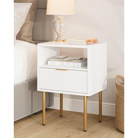 Masupu Masupu Nightstand,Mid-Century Modern Bedside Table with Storage Drawer and Open Wood Shelf,Small Gold Frame Side Table for Bedroom,Living Room,White