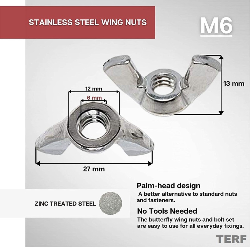 TERF® 20 Pcs Butterfly Wing Nut M6 Zinc Plated Steel
