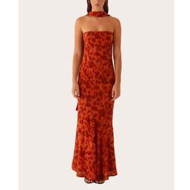 GUCURIN Women Strapless Floral Dress with Sarf Mesh Tube Maxi Dress Summer Cocktail Wedding Guest (M,Red)