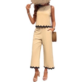 Wanzetaly Women's Summer Casual 2 Piece Outfits Cropped Tank Top High Waist Capri Pants Lounge Matching Sets(0422-Khaki-XL)