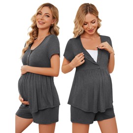 JiniGolla Maternity Lounge Set Postpartum Pajamas for Hospital Short Sleeve Top & Shorts Nuring Pregnancy Pjs Deep Grey M
