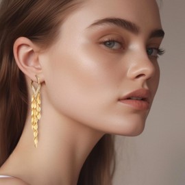 Mierfyni Gold Dangle Earrings for Women, Long Gold Tassel Dangling Earrings, Big Gold Chandelier Fringe Earrings, Elegant Sparkly Gold Hanging Earrings for Prom, Gold Leaf Tassel Fake Diamond Hoop
