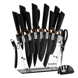 YOSFO Kitchen Knife Sets with Block and Sharpener, 17Pcs Stainless Steel Knife Set includes Serrated Steak Knives Set, Chef Santoku Knives, Scissor, Knife Holder (Black Knife Set with Block)