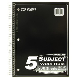 Top Flight Standards 5-Subject Wirebound Notebook, 200 Sheets, 3-Hole Punched, Wide Rule, 10.5 x 8 Inches, 1 Notebook, Color May Vary (31412)