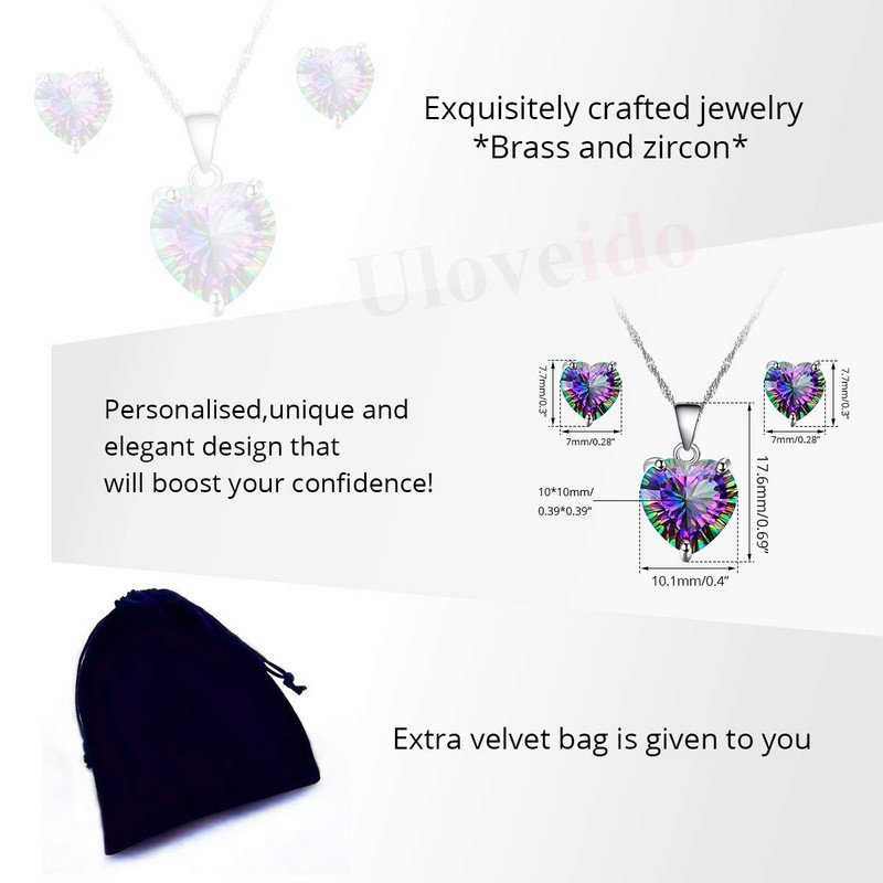 Mystic Topaz Rainbow Heart Solitaire Pendant Necklace and Studs Earrings